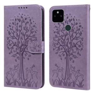 For Google Pixel 5a 5G Tree & Deer Pattern Pressed Printing Horizontal Flip Leather Phone Case(Purple) (OEM)