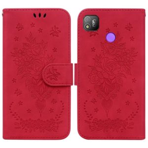 For Tecno Pop 4 Butterfly Rose Embossed Leather Phone Case(Red) (OEM)