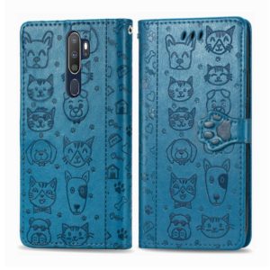 For OPPO A5 (2020) / A9 (2020) Cute Cat and Dog Embossed Horizontal Flip Leather Case with Holder & Card Slots & Wallet & Cartoon Clasp & Lanyard(Blue) (OEM)