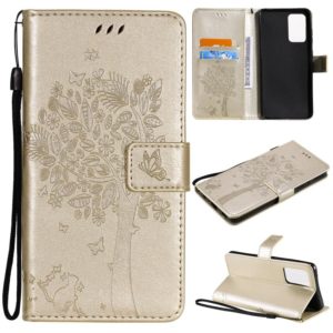 For Samsung Galaxy A52 5G Tree & Cat Pattern Pressed Printing Horizontal Flip PU Leather Case with Holder & Card Slots & Wallet & Lanyard(Gold) (OEM)