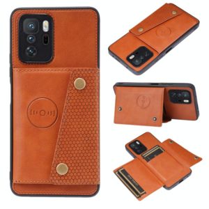 For Xiaomi Redmi Note 10 Pro 5G Double Buckle PU + TPU Shockproof Magnetic Protective Case with Card Slot & Holder(Brown) (OEM)