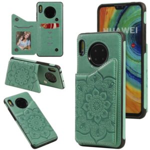 For Huawei Mate 30 Flower Embossing Pattern Shockproof Protective Case with Holder & Card Slots & Photo Frame(Green) (OEM)