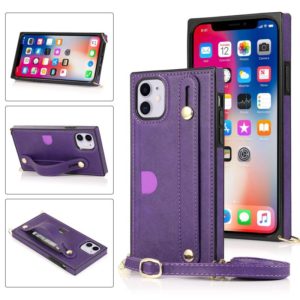 For iPhone 11 Wrist Strap PU+TPU Shockproof Protective Case with Crossbody Lanyard & Holder & Card Slot(Purple) (OEM)