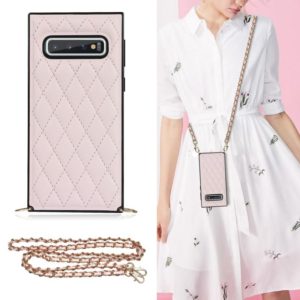 For Samsung Galaxy S10e Elegant Rhombic Pattern Microfiber Leather +TPU Shockproof Case with Crossbody Strap Chain(Pink) (OEM)
