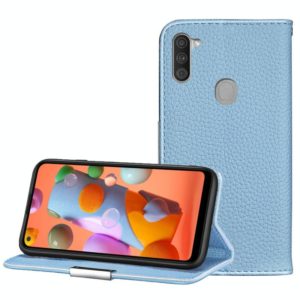 For Galaxy A11 Litchi Texture Solid Color Horizontal Flip Leather Case with Bracket & Card Slots & Wallet & Lanyard(Light Blue) (OEM)