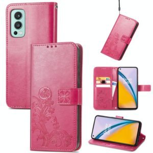 For OnePlus Nord 2 5G Four-leaf Clasp Embossed Buckle Mobile Phone Protection Leather Case with Lanyard & Card Slot & Wallet & Bracket Function(Magenta) (OEM)