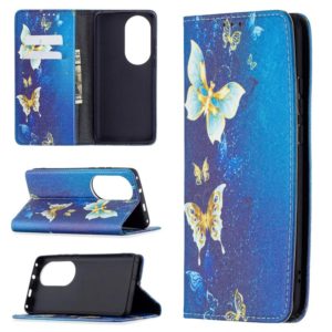 For Huawei P50 Pro Colored Drawing Pattern Invisible Magnetic Horizontal Flip PU Leather Case with Holder & Card Slots & Wallet(Gold Butterflies) (OEM)