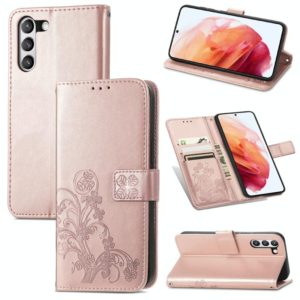 For Samsung Galaxy S21 FE Four-leaf Clasp Embossed Buckle Mobile Phone Protection Leather Case with Lanyard & Card Slot & Wallet & Bracket Function(Rose Gold) (OEM)