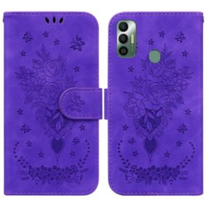 For Tecno Spark 7 Butterfly Rose Embossed Leather Phone Case(Purple) (OEM)