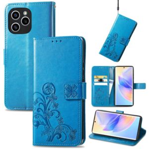For Honor 60 SE Four-leaf Clasp Embossed Buckle Leather Phone Case(Blue) (OEM)