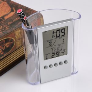 Transparent Desk Clock Pencil Holder Removable Desktop Table Digital Clock (OEM)