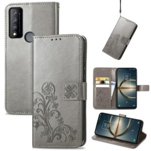 For TCL 30 V 5G Four-leaf Clasp Embossed Buckle Leather Phone Case(Gray) (OEM)