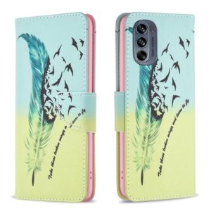 For Motorola Moto G62 Colored Drawing Pattern Leather Phone Case(Feather) (OEM)
