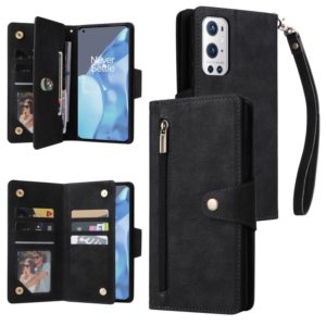 For OnePlus 9 Pro Rivet Buckle 9 Cards Three Fold Leather Phone Case(Black) (OEM)
