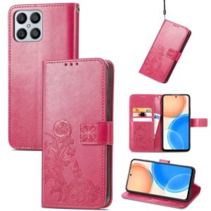 For Honor X8 4G Four-leaf Clasp Embossed Buckle Leather Phone Case(Rose Red) (OEM)