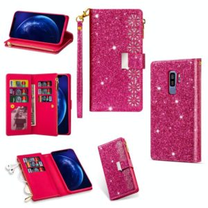 For Samsung Galaxy S9+ Multi-card Slots Starry Sky Laser Carving Glitter Zipper Horizontal Flip Leather Case with Holder & Wallet & Lanyard(Rose Red) (OEM)
