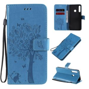 For Huawei P40 Lite E Tree & Cat Embossed Pattern Horizontal Flip Leather Case with Holder & Card Slots & Wallet & Lanyard(Blue) (OEM)