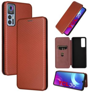 For TCL 30 5G / 30+ Carbon Fiber Texture Horizontal Flip Leather Phone Case(Brown) (OEM)