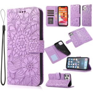 For iPhone 12 Pro Skin Feel Embossed Sunflower Horizontal Flip Leather Case with Holder & Card Slots & Wallet & Lanyard(Purple) (OEM)
