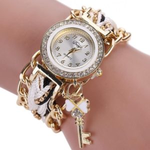 Women Round Dial Diamond Braided Hand Strap Quartz Watch with Key Pendant(White) (OEM)