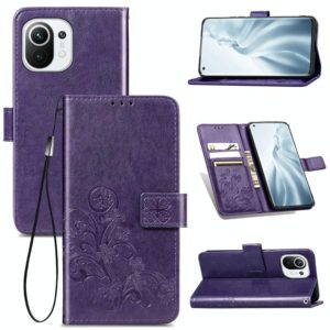 For Xiaomi Mi 11 Four-leaf Clasp Embossed Buckle Mobile Phone Protection Leather Case with Lanyard & Card Slot & Wallet & Bracket Function(Purple) (OEM)