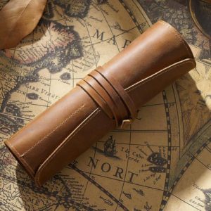 Retro First Layer Cowhide Pen Curtain Simple Literary Pencil Case Multifunctional Volume Pencil Case(Crazy Horse Skin Brown) (OEM)