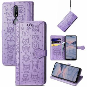 For Nokia 2.4 Lovely Cat and Dog Embossing Pattern Horizontal Flip Leather Case , with Holder & Card Slots & Wallet & Cartoon Clasp & Lanyard(Purple) (OEM)