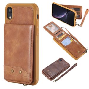 For iPhone XR Vertical Flip Shockproof Leather Protective Case with Short Rope, Support Card Slots & Bracket & Photo Holder & Wallet Function(Brown) (OEM)