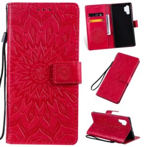 Pressed Printing Sunflower Pattern Horizontal Flip PU Leather Case for Galaxy Note 10+ / Note 10 Pro, with Holder & Card Slots & Wallet & Lanyard (Red) (OEM)