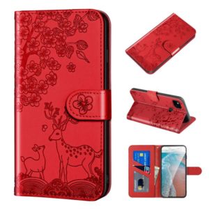 For Google Pixel 4a Sika Deer Embossing Pattern Horizontal Flip PU Leather Case with Holder & Card Slot & Wallet & Photo Frame(Red) (OEM)