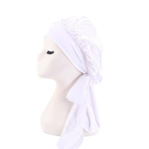TJM-301-1 Faux Silk Adjustable Stretch Wide-Brimmed Night Hat Satin Ribbon Round Hat Shower Cap Hair Care Hat, Size: Free Size(White) (OEM)