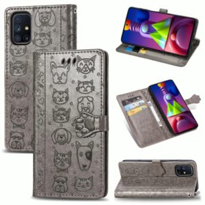 For Samsung Galaxy M51 Cute Cat and Dog Embossed Horizontal Flip Leather Case with Bracket / Card Slot / Wallet / Lanyard(Grey) (OEM)