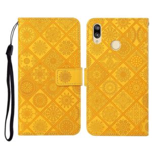 For Huawei Y7 (2019) Ethnic Style Embossed Pattern Horizontal Flip Leather Case with Holder & Card Slots & Wallet & Lanyard(Yellow) (OEM)