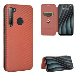 For HTC Desire 20 Pro Carbon Fiber Texture Horizontal Flip TPU + PC + PU Leather Case with Card Slot(Brown) (OEM)