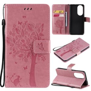 For Huawei P50 Tree & Cat Pattern Pressed Printing Horizontal Flip PU Leather Case with Holder & Card Slots & Wallet & Lanyard(Pink) (OEM)