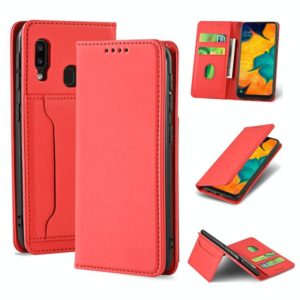 For Samsung Galaxy A30 Strong Magnetism Liquid Feel Horizontal Flip Leather Case with Holder & Card Slots & Wallet(Red) (OEM)