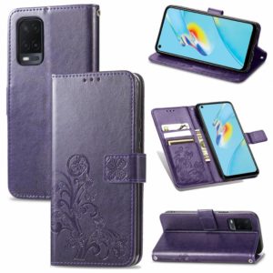 For OPPO A54 4G Four-leaf Clasp Embossed Buckle Mobile Phone Protection Leather Case with Lanyard & Card Slot & Wallet & Bracket Function(Purple) (OEM)