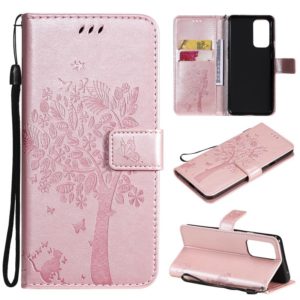 For OnePlus 9 Pro Tree & Cat Pattern Pressed Printing Horizontal Flip PU Leather Case with Holder & Card Slots & Wallet & Lanyard(Rose Gold) (OEM)
