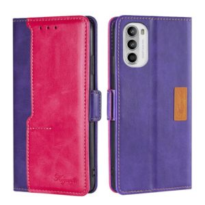 For Motorola Moto G52 4G/G82 5G Contrast Color Side Buckle Leather Phone Case(Purple + Rose Red) (OEM)
