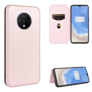For OnePlus 7T Carbon Fiber Texture Horizontal Flip TPU + PC + PU Leather Case with Card Slot(Pink) (OEM)