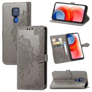 For Motorola Moto G Play 2021 Mandala Flower Embossed Horizontal Flip Leather Case with Holder & Three Card Slots & Wallet & Lanyard(Grey) (OEM)