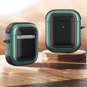 Wireless Earphones Shockproof TPU + PC Protective Case with Carabiner For AirPods 1 / 2(Black+Green) (OEM)
