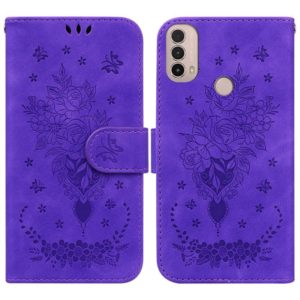 For Motorola Moto E20 / E30 / E40 Butterfly Rose Embossed Leather Phone Case(Purple) (OEM)