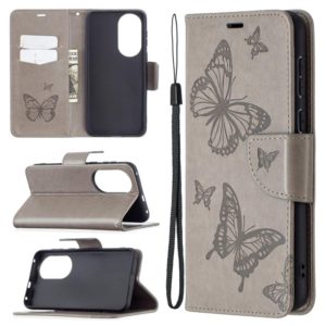 For Huawei P50 Two Butterflies Embossing Pattern Horizontal Flip Leather Case with Holder & Card Slot & Wallet & Lanyard(Grey) (OEM)