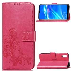 Lucky Clover Pressed Flowers Pattern Leather Case for Huawei Enjoy 9, with Holder & Card Slots & Wallet & Hand Strap (Rose Red) (OEM)