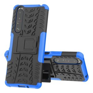 For Sony Xperia 1 III Tire Texture Shockproof TPU+PC Protective Case with Holder(Blue) (OEM)