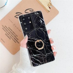 For Galaxy S20 Ultra TPU Smooth Marble with Ring Metal Rhinestone Bracket Mobile Phone Protective Case(Black Q30) (OEM)
