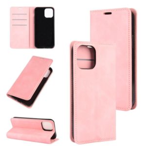 For iPhone 12 / 12 Pro Retro-skin Business Magnetic Suction Leather Case with Holder & Card Slots & Wallet(Pink) (OEM)