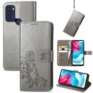 For Motorla Moto G60S Four-leaf Clasp Embossed Buckle Mobile Phone Protection Leather Case with Lanyard & Card Slot & Wallet & Bracket Function(Grey) (OEM)