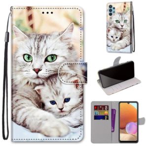 For Samsung Galaxy A32 4G / A32 Lite Coloured Drawing Cross Texture Horizontal Flip PU Leather Case with Holder & Card Slots & Wallet & Lanyard(Big Cat Holding Kitten) (OEM)